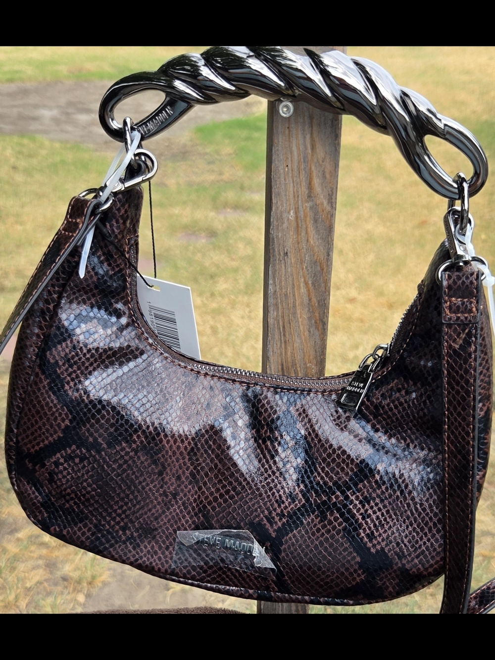 Steve Madden Brown Snake-Print Shoulder Bag with Silver-Tone Twisted Handle